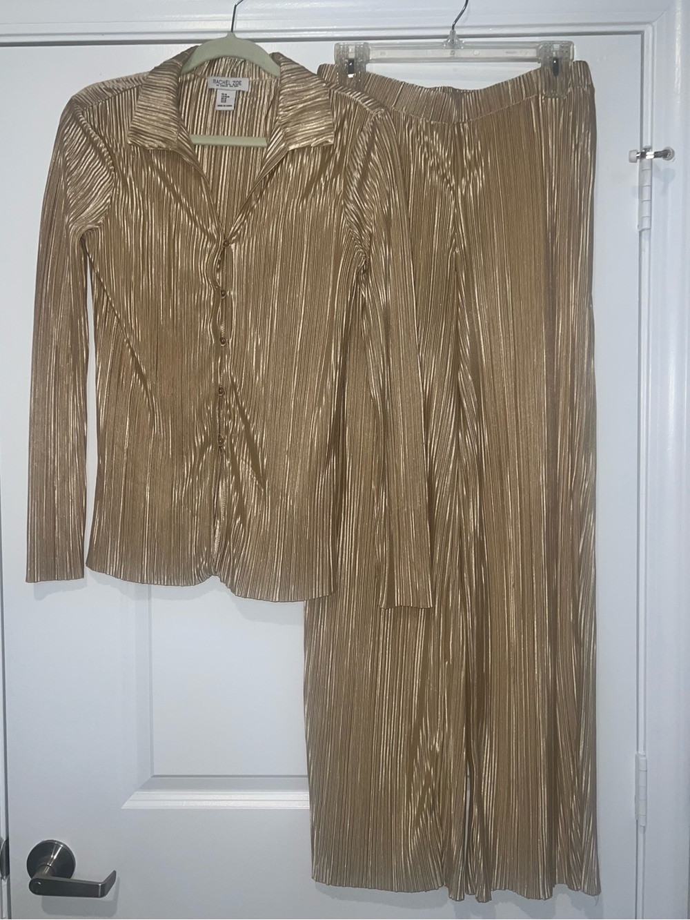 Rachel Zoe Metallic Gold Pleated Button-Front Top & Wide-Leg Pants Set